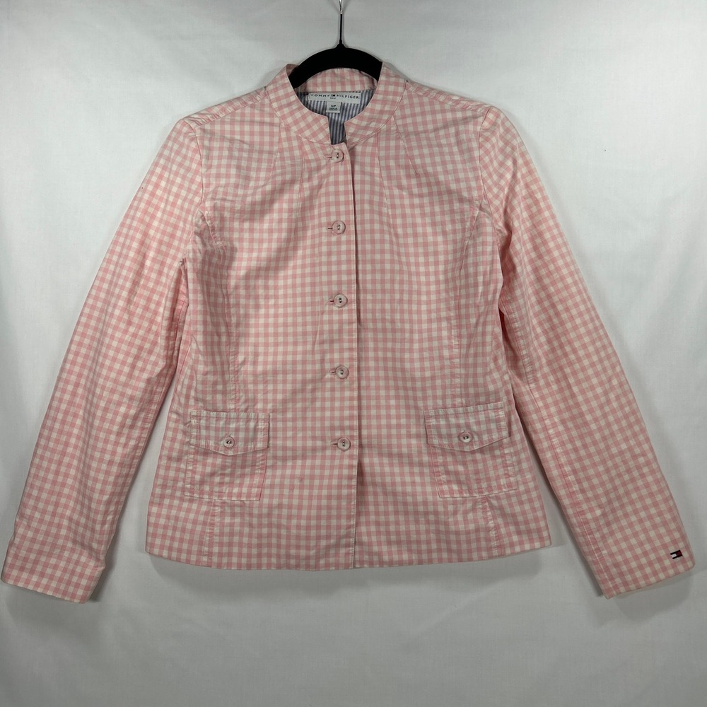 Vintage Y2K Tommy Hilfiger Golf Pink & White Gingham Button-Front Jacket Size S